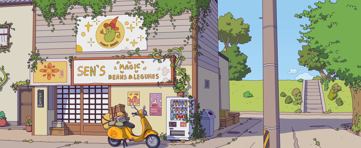 Artwork for Obojima: Tales from Yatamon - depicting a city scene including a shop called SEN's Magic Beans & Legumes, a scooter, and a vending machine.