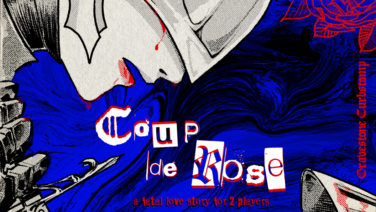 A bright blue snippet of a game cover. A knight cries in anguish as it drives a dagger into another knight, offscreen. The test reads, "Coup de Rose, a fatal love story for 2 players".