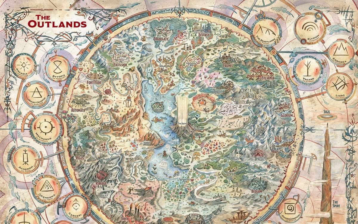 map of the planes from D&D with a complex swirling of different lands in the centre with the names on the outer rim