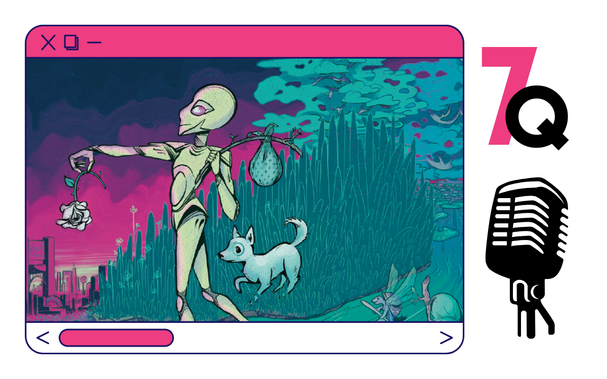 An android with a bindle and flower travels through a forest with a dog. The illustrations is framed by a pink browser window with a "7Q" and microphone to the right.