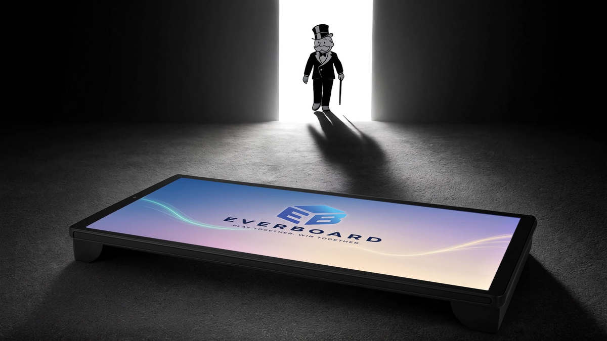A tablet with the EverBoard logo lies canted in a dark room. An open doorway throws light from the background, and an animated Mr. Monopoly walks through.