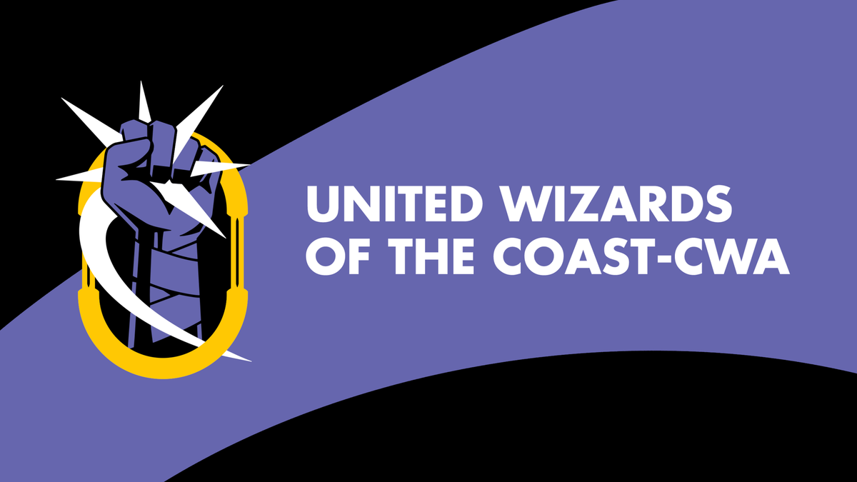 United Wizards of the Coast logo in white on a purple slash and back background. A purple fist holds a star framed by a gold border.