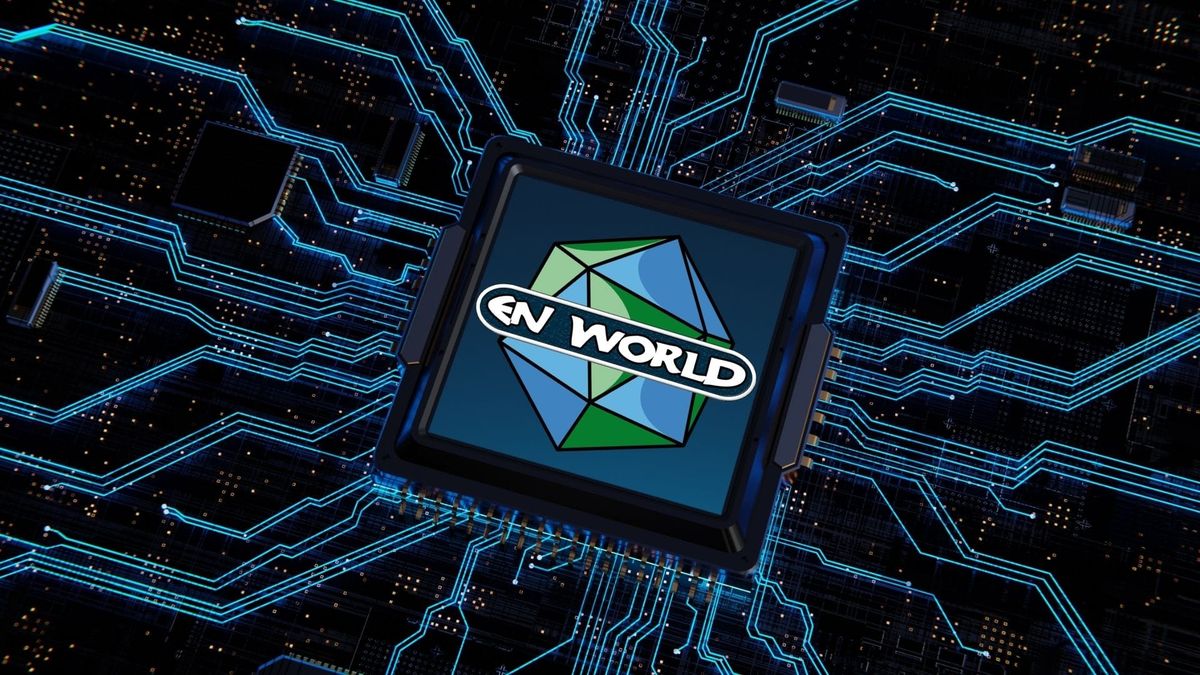 A sytlized digital image of a circut on a motherboard with blue circuts emanating out. The blue-and-green EN World D20 logo is in the center of the circut. 