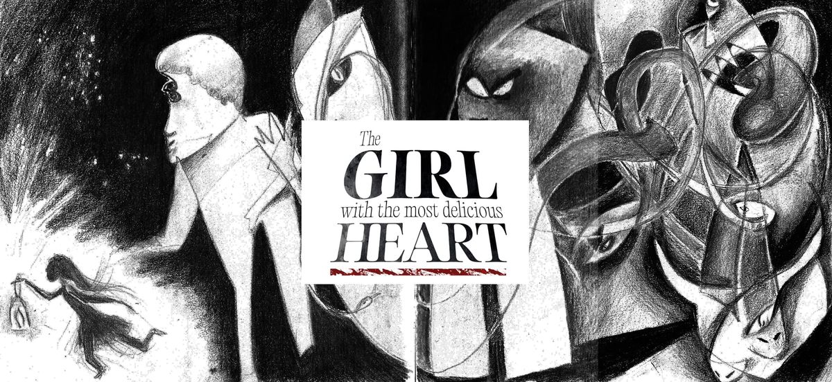 The main artwork for The Girl With The Most Delicious Heart in the style of pencil-drawn Guernica-if-it-was-monsters-chasing-a-girl