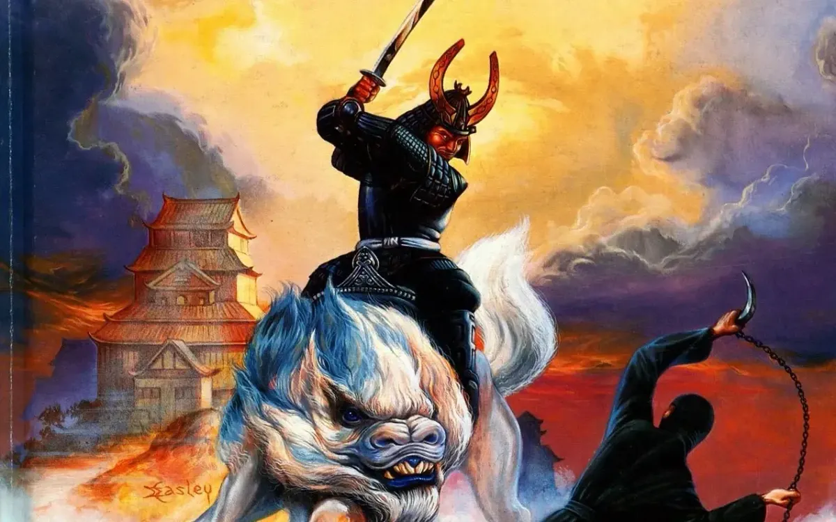 a red-faced samurai on a white demon-dog facing a ninja with a chained weapon