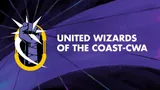 Text: United Wizards of the Coast-CWA. Logo is a purple fist gripping a white starburst, ringed in gold yellow. Backgroup is a two-tone purple slash.