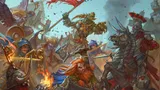 Frenetic fantasy battle scene with a red-haired dwarft swinging an axe in the middle foreground. Several figures, including an orc general and a red-fringed legionnaire, surround them.