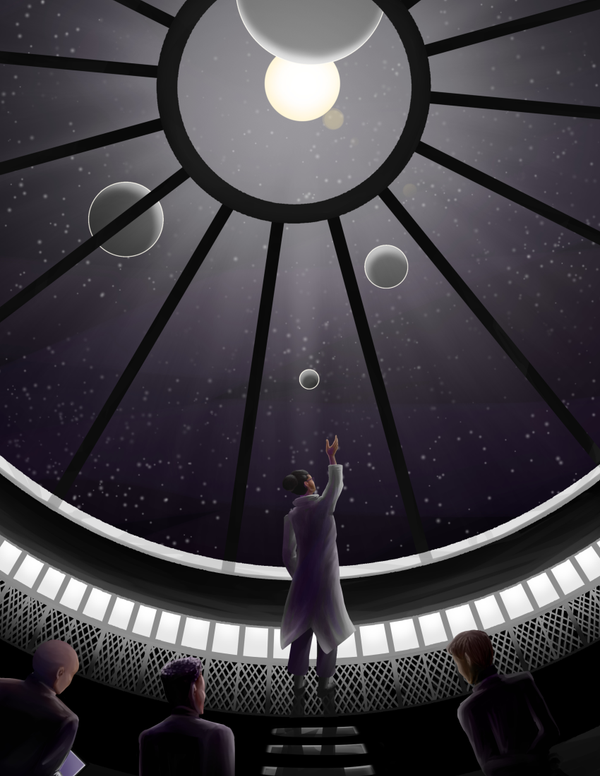 Scientist at edge of a ring window reaches up grasping towards the planets and stars, 3 scientists stand behind.