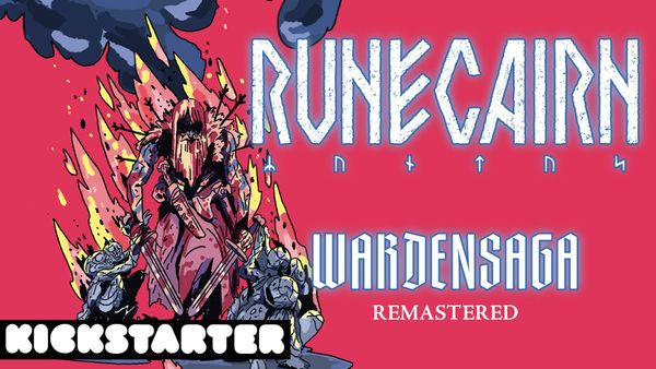Runecairn Wardensaga Remastered. Vibrant blue and magenta, burning Viking warrior. Art by CROM.