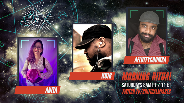 Promo graphic featuring a celestial background with glowing mystical sigils. Photo of Anita and Noir and the guest Christian 