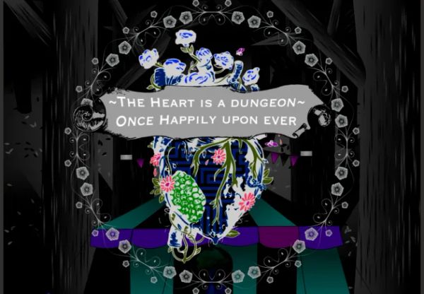 The heart is a dungeon, once happily upon ever. A heart with floral growth and a carnival tent behind it
