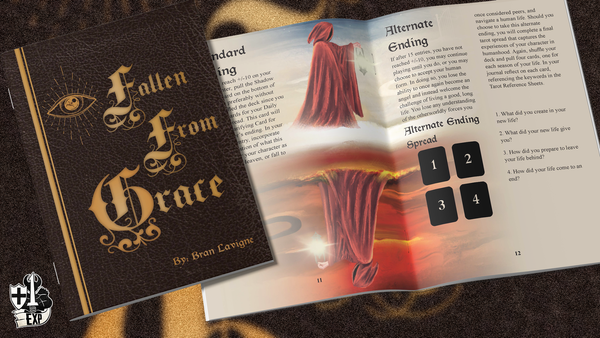 A rendering of print copies of Fallen From Grace by Bran Lavigne, which show the cover and an interior page spread.