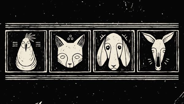 Woodburn-style quartet of four animal faces: Cockeral, Cat, Hound and Mule.