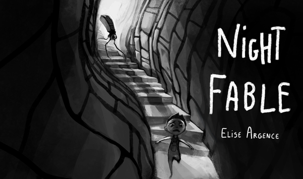 A child fleeing down dark stairs from an animated night table with a single bulging eye.