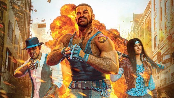 Key art for Everyday Heroes RPG. Three people posed in front of a fiery explosion in an urban city.
