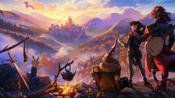 Three high fantasy heroes look at the construction of a castle from atop a hill. A dragon flies across the sunrise.