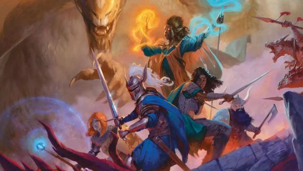 Cover art for D&D 2024's Player's Handbook, featuring a party facing off against a dragon and kobolds.