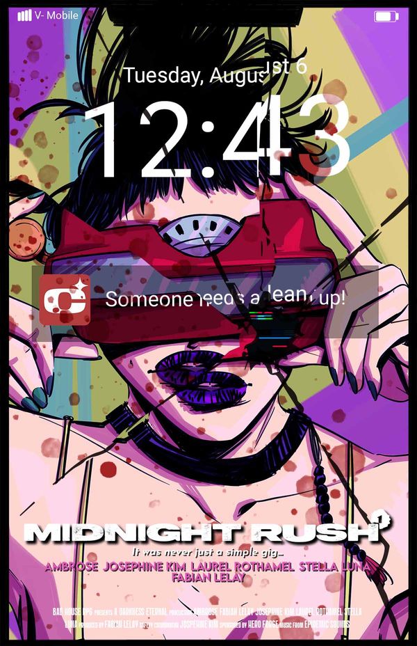 Broken Cellphone screen splattered with blood Midnight Rush Bad House RPG Presents a Darkness Eternal Production