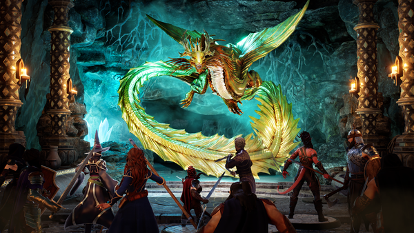 Adventurers face down a gold dragon in an eerie cave, miniatures in the Project Sigil system.