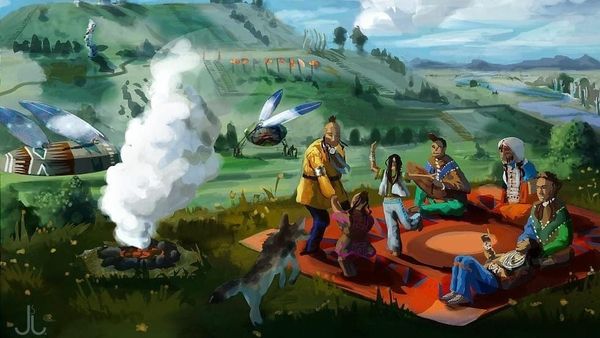 A family picnics on a green hill and points out shapes in the cloud. An insect-shaped ship is tied down in a nearby field.