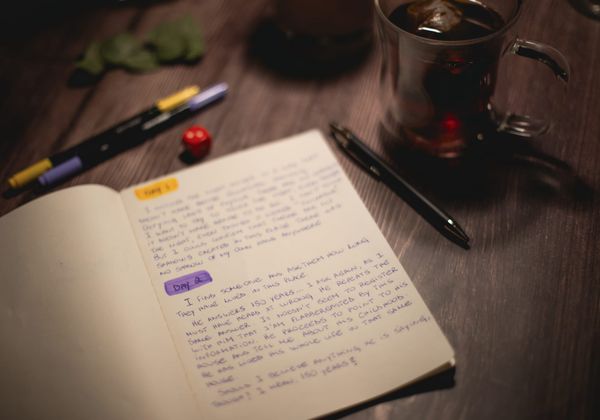 A journal, cup of tea, pens and a die on a table