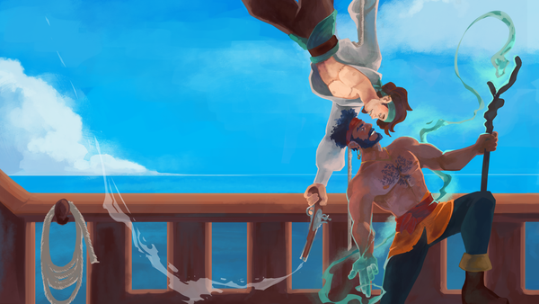 A transmasc man swinging from a mast smiling down at a bare-chested pirate wielding a magic staff, about to Spider-Man kiss.