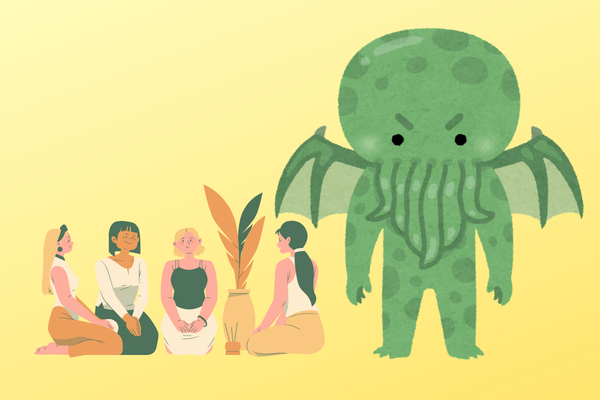 cartoon Cthulhu standing over some calm women