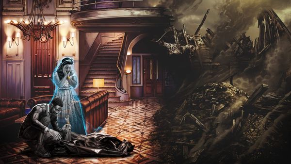 A man holds a cadavers arm while a woman's ghost hovers nearby. Both stand in the half-ruined remains of a hotel.