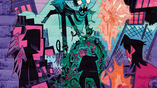 a grandma type banishing a demon in a graffiti block art style