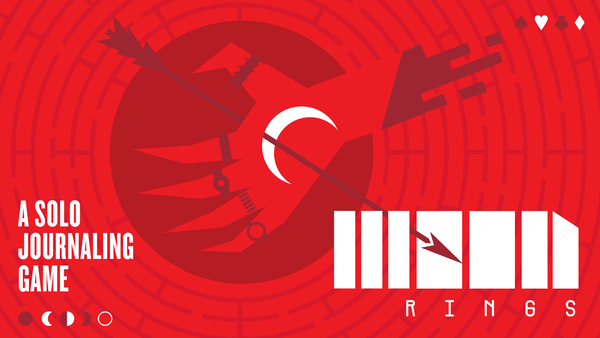 A red illustration of a hand with rings, crescent moon on it, and being pierced by an arrow. In the background is a labyrinth. The text reads Moon Rings a solo journaling game