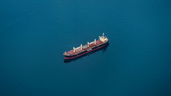 Top-down view of a blue-and-red cargo ship in the middle of the ocean. Only water is visible around it.