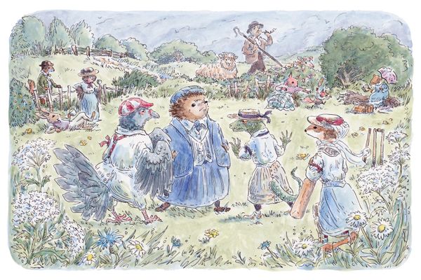 Several anthropomorphic animals enjoying bucolic country life while a smoking shepherd walks in the background.