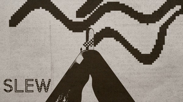 An illustration from SLEW featuring a stylised peak with a small silhouetted figure at its peak, surrounded by a flurry of pixellated swirls and a waiting portal