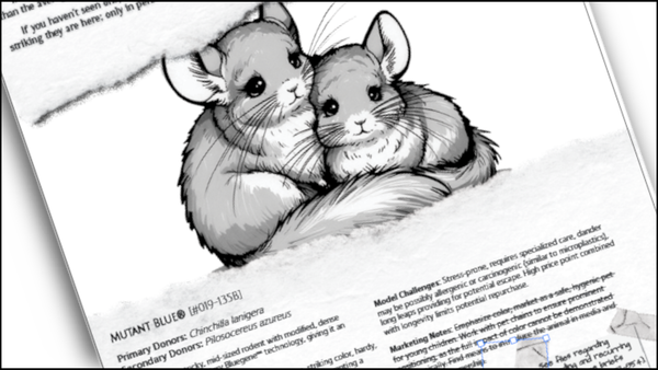 A sample page from Mutants From the Archives, Pet Shop Blues, featuring a pair of the the "Mutant Blue" chinchilla and associated text.