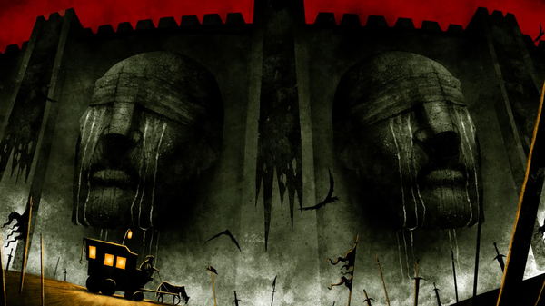 A carriage rides by imposing walls featuring two blindfolded, weeping stone faces. The foreground is a battlefield.