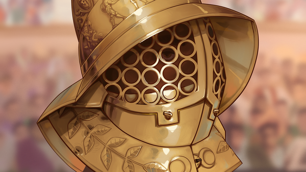 Illustration of a gladiator wearing a golden helmet engraved to depict warriors and animals. The helmet features a lattice-like faceplate and decorative laurel patterns on the neck guard.