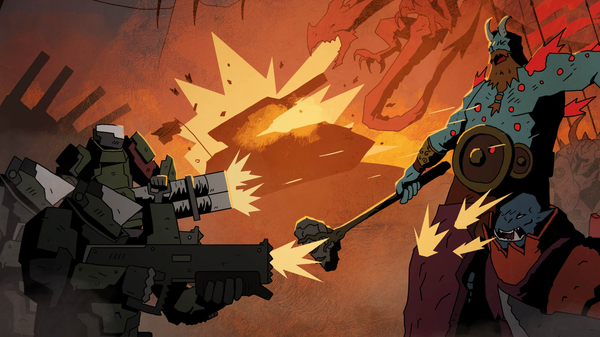 Illustration of WWII tanks and soldiers fighting fantast jotunn warriors and a dragon.