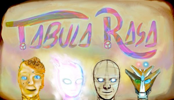 Wax tablet background with title Tabula Rasa at the top. Below are four figures, a beeswax construct, ethereal being, sketch head, and rusty robot.