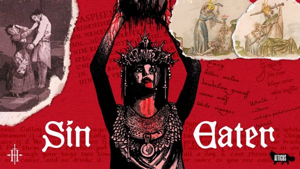 A person holding something above their head. On the red background, recipes in different languages and fonts appear. In larger white text appears the words "Sin Eater"