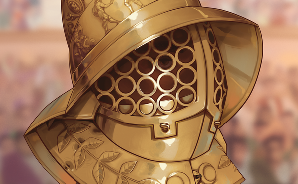 A detailed illustration of a gladiator wearing an ornate golden helmet with a lattice-like faceplate, decorative laurel patterns, and intricate engravings of warriors & animals.