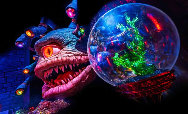 Giant Xanathar the Beholder puppet with goldfish pet, in a dark room decorated like a dungeon and awash in blue light.
