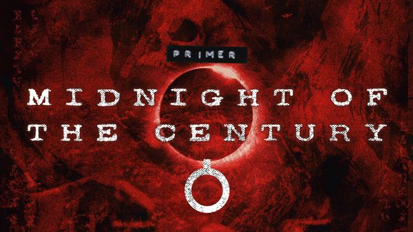 Midnight of the Century. Striking red and black, skull peering from the background with an eclipse at the centre and strange circular logo. Enochian text and imagery.