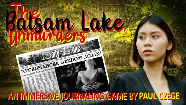 A woman detective at a forested lake with sunlight streaming through the foliage. There's an image of a newspaper with the headline "Necromancer Strikes Again."