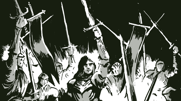 black and white illustration of soldiers raising weapons and banners. Light streams up from below them