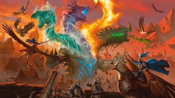 Knights riding griffons fight a five-headed, elemental dragon as it wreck a medieval city.