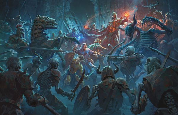 Three fantasy heroes surrounded by a horde of skeletal soldiers. A figure in the middle glows with wicked orange light.