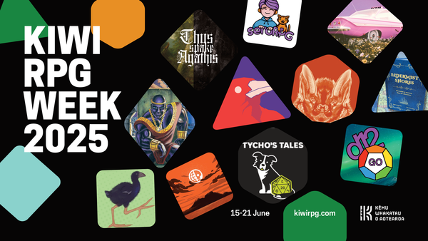 Image is a collage of covers in shapes resembling polyhedral dice. Text reads: KiwiRPG week 2025, 15-21 June, kiwirpg.com. 