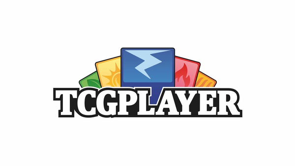 TCGplayer logo, white letters with a black outline, five colored cards splayed behind.