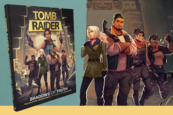 Tomb Raider RPG book mockup next to art of four adventurers in heroic poses.