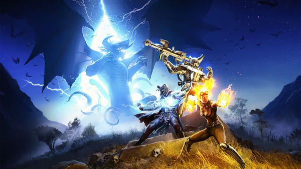 An illustration of three figures in an assortment of fantasy and sci-fi gear. There's big dragon in the background.